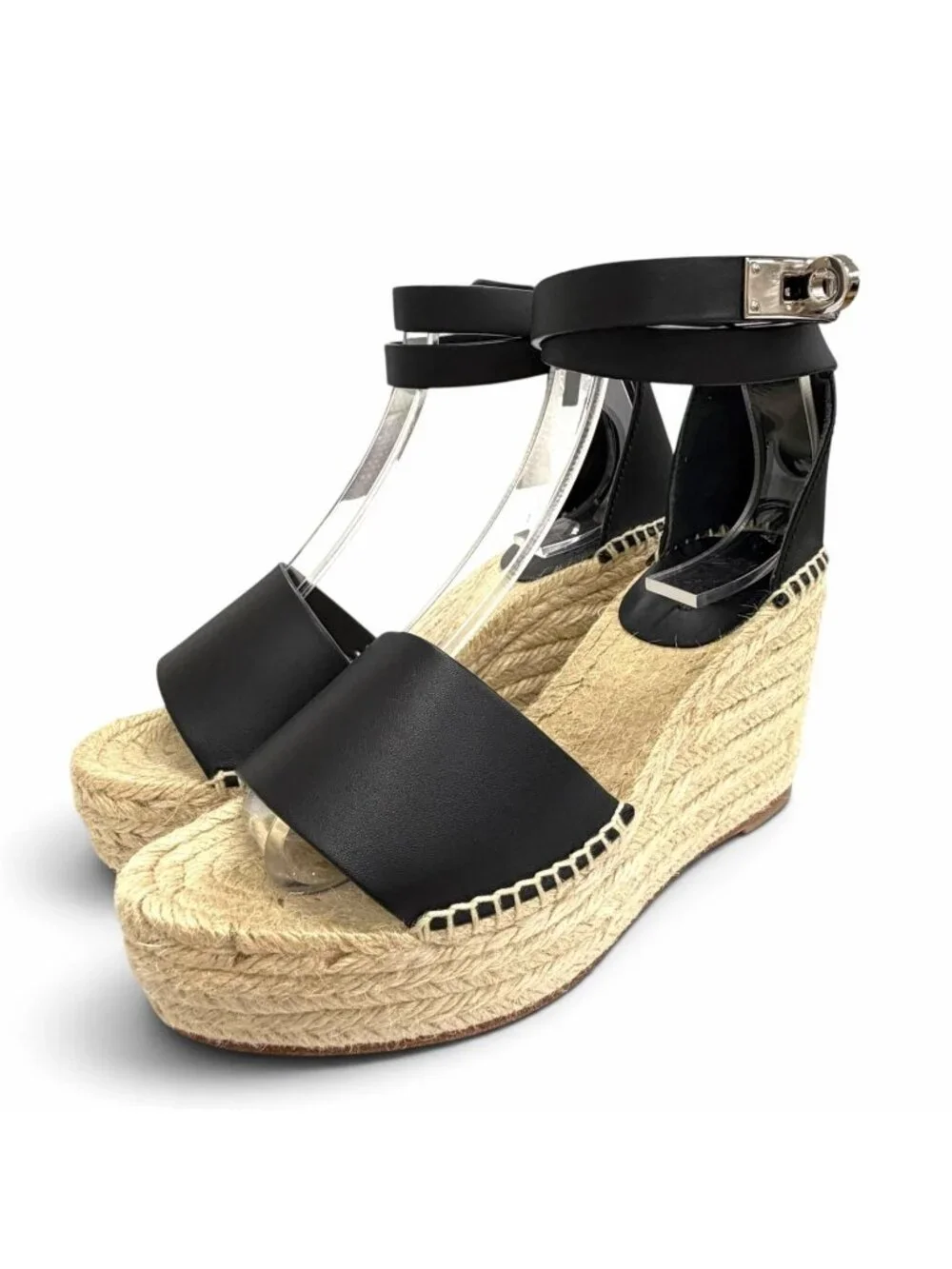 Hermes Tivoli Leather Kelly Buckle Ankle Strap Espadrilles Wedge Sole Sandals